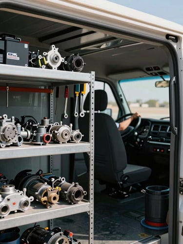 Medium close-up inside a Phoenix AC Systems service truck, shelves packed with OEM parts, organized tools hanging, cool shadowed interior. Technician's hands visible in the background, sharp focus, 35mm.