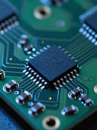 Extreme close-up macro shot of a green printed circuit board with soldered resistors and microchips, high-contrast bench lighting with electric blue backlighting, shallow depth of field, laboratory environment.