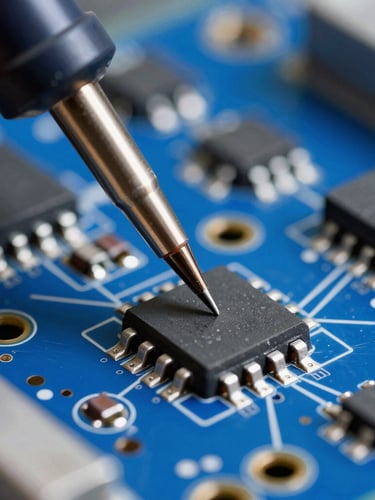 Extreme macro close-up of a high-density PCB under amber bench lighting, soldering iron tip touching a surface mount resistor, shallow depth of field, technical lab environment