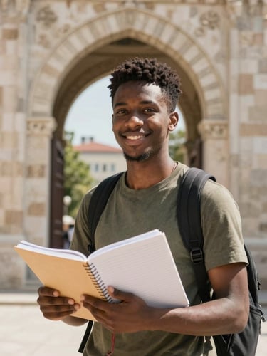 A portrait of an African student smiling, holding notebooks, standing in front of a historic stone university archway in Turkey, warm sun-drenched lighting