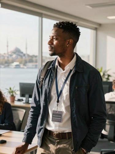 A confident young African professional standing in a sunlit modern office in Istanbul, looking out toward the Bosphorus, warm editorial lighting.