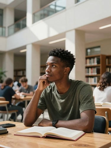 A young African student in a modern architectural library in Istanbul, warm natural light, thoughtful expression, 35mm lens.