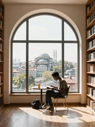Bright sun-drenched modern library interior with an African student studying near a large arched window overlooking Istanbul, warm editorial photography, 35mm lens.