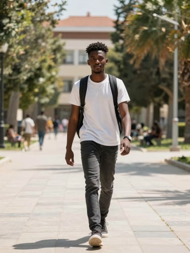A warm natural daylight portrait of an African student walking on a sunny Turkish university campus, looking confident, 35mm lens, rich editorial tones.