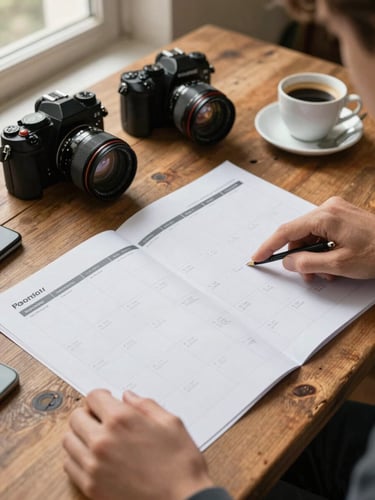 Wide documentary shot of a Pomodoro team member reviewing a printed seasonal content calendar spread on a rough wooden table, a camera and espresso cup nearby, warm window light from the left, hands visible pointing to the page
