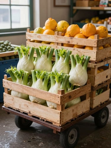 Close environmental shot inside a food market — a wooden hand truck stacked with timber crates of just-arrived fennel and early-season citrus, natural window light raking across the pale yellow bulbs from the upper left, rough concrete floor visible below, no people in frame, shallow depth showing the stall structure receding behind
