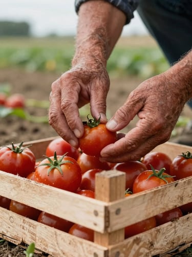 Extreme close-up of a farmer's weathered hands sorting small tomatoes into a wooden crate at the edge of a field, soft overcast morning light, soil and vine leaves visible at the frame's periphery