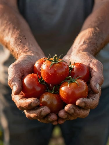 Portrait-oriented close-up of a farmer's weathered hands holding a cluster of freshly harvested cherry tomatoes, golden hour side light, soil visible on the wrists, shallow depth of field, no text
