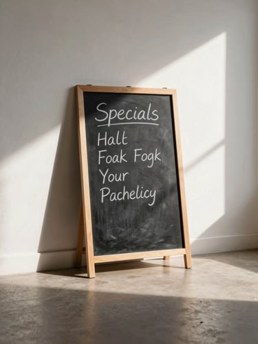 Wide shot of a handwritten specials chalkboard leaning against a whitewashed wall in a quiet restaurant, morning light from an unseen window casting a long soft shadow across the floor, no people present, warm and still