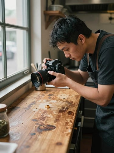 Agency team member crouching to photograph a single ingredient on a worn wooden surface inside a restaurant kitchen, natural window light from the left, camera visible in frame, hands steady, quiet and focused, documentary feel