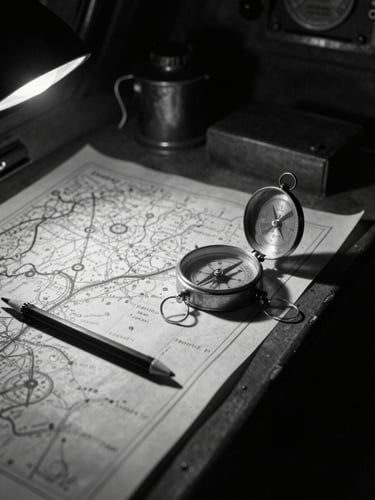 Archival close-up of a WWII navigator's desk inside a Lancaster bomber, showing maps, a mechanical pencil, and a brass compass under a dim spotlight, high contrast monochrome