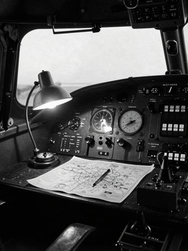 Archival black and white photograph of a Lancaster bomber cockpit, focusing on the navigator's desk with maps, compass, and a dim desk lamp, high contrast shadows.