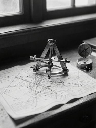 Archival monochrome photograph of a 1940s RAF navigator desk, a brass sextant, hand-drawn flight charts, and a vintage compass under soft dramatic window light.
