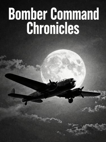 Archival book cover mock-up of 'Bomber Command Chronicles', showing a silhouette of a Lancaster bomber flying against a moonlit sky.