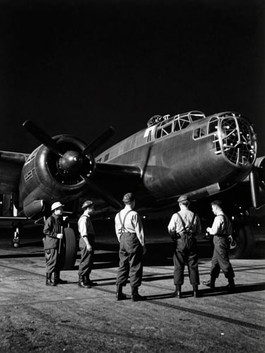 Archival monochrome photograph of a Lancaster bomber crew preparing for a night mission, dramatic high-contrast lighting, 1940s RAF airfield