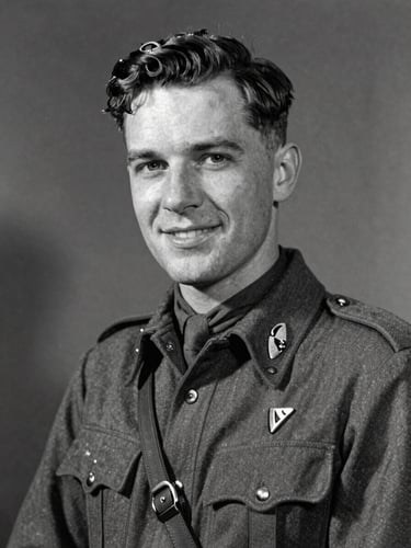 Archival portrait of a young WWII RAF navigator in uniform, Arthur William Dack, smiling gently, vintage monochrome film grain, soft historical lighting.