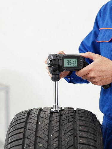 Close-up of a technician in a clean branded uniform using a digital torque wrench on a pristine tire lug nut, bright studio workshop lighting, sharp focus, 35mm
