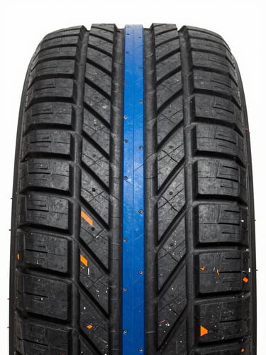 Sharp close-up of a brand new high-performance tire tread pattern, bright high-key workshop lighting, vivid blue accents, sharp focus, 35mm, portrait aspect ratio