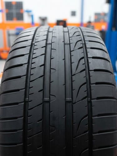 Close-up of a pristine tire tread pattern under bright studio lighting, sharp focus on the rubber grooves, safety orange calibration lines in the background, 35mm