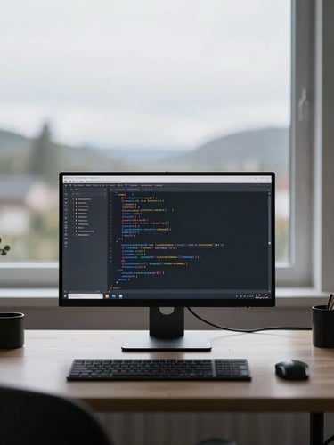 Minimalist desk setup with a high-resolution screen showing clean code in soft focus, diffused overcast Nordic daylight, architectural framing.
