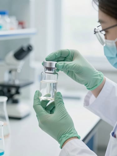 Bright clinical photography of a scientist analyzing a clean glass supplement bottle in a high-end laboratory, soft diffused daylight, 50mm