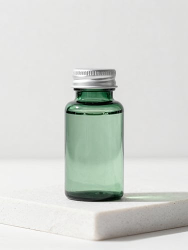 Bright clinical photography, a minimalist green-tinted glass supplement bottle on a sterile white stone platform, soft diffused daylight, high-end editorial, 50mm
