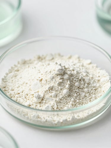 Macro shot of pure active ingredient powder in a clean laboratory glass petri dish under bright daylight, soft sage green accents