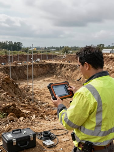 Wide panoramic shot of a field surveyor reviewing measurement data on a ruggedized field controller at a large excavation site, overcast morning light, exposed soil layers and survey stakes in background, instrument cables and equipment case visible at ground level