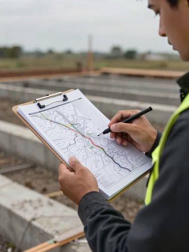 Close environmental frame of a field surveyor reviewing printed topographic data sheets on a clipboard outdoors, raw concrete foundation in the background, overcast natural light, hands and posture showing focused technical concentration, no eye contact with camera