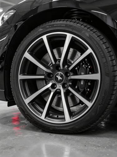 Pristine modern German sports car wheel and brake caliper under high-contrast studio lighting, clean concrete floor, subtle red reflections, clinical workshop background, 50mm photography
