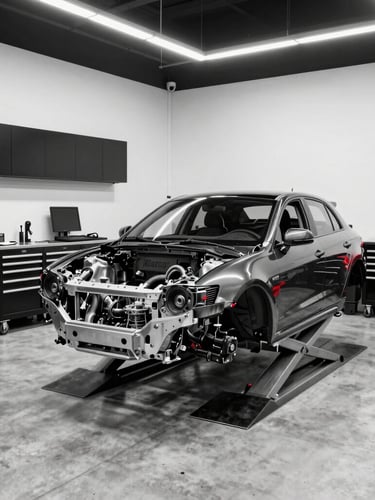 Immaculate workshop interior with a clean concrete floor, professional tool cabinets, and a high-end car chassis on a lift, sharp clinical lighting, 50mm