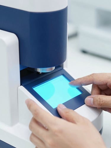 Close-up of technical hands calibrating a high-precision clinical analyzer with luminous cyan interface, bright high-key studio lighting, sterile white and deep blue tones, sharp focus, 50mm