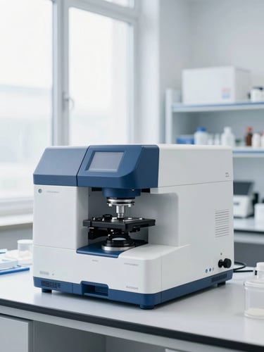 Pristine laboratory environment with high-precision analyzer, bright daylight passing through clean windows, sterile white and deep blue tones, sharp focus, 50mm