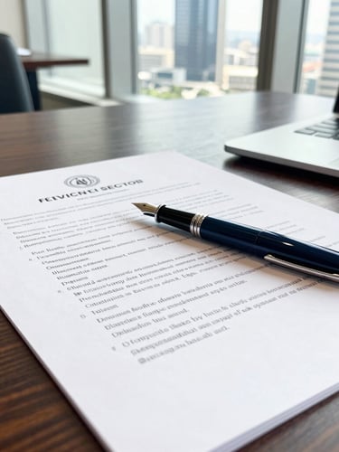 Close-up of official legal documents with a premium fountain pen resting on a dark wood desk, soft natural light from a high-rise window overlooking Dubai, sharp focus, 35mm