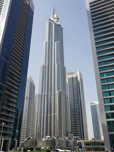 Wide-angle architectural view of Dubai's financial district under bright daylight, soaring modern skyscrapers with clean glass facades, sharp shadows, 35mm corporate photography.