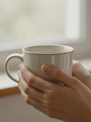 Close-up of hands gently holding a warm ceramic mug, soft natural light from a window, peaceful and comforting, shallow depth of field, 35mm