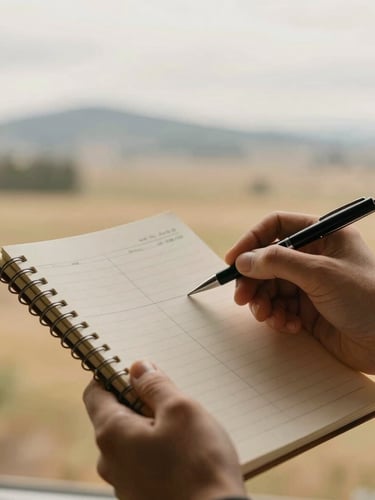 Warm editorial photography of hands holding a notepad and pen, mapping out steps, with a soft-focus background of a North Idaho landscape through a window. Overcast daylight, muted earth tones, shallow depth of field.