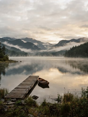 Wide panoramic North Idaho landscape at dawn, soft light breaking through clouds over a serene lake, gentle mist, quiet hope, shallow depth of field, 35mm