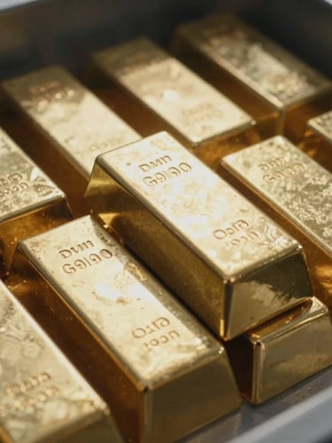 Extreme close-up of raw unrefined gold bullion bars stacked in a secure vault, harsh natural daylight casting deep shadows, desaturated metallic tones