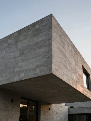 Low-angle architectural shot of a modern concrete cantilevered villa against a crisp morning sky, natural stone textures, minimal lines