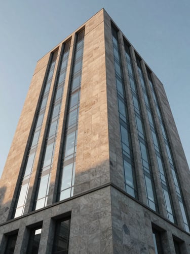Low-angle architectural elevation of a monolithic concrete and glass commercial tower at sunrise, crisp indirect morning light reflecting off stone panels, clean geometric lines.