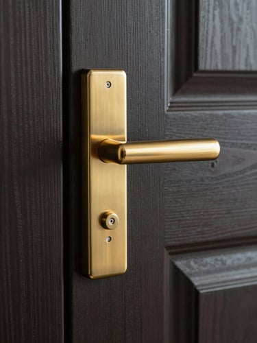 Close-up detail of a brushed gold door handle mounted on a massive dark textured oak door, soft morning light.