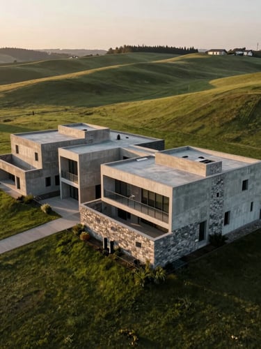 Low-angle drone shot of a monolithic concrete and stone estate integrated into a rolling green meadow, soft warm golden hour light.