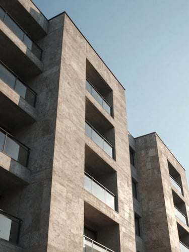 Low-angle morning light hitting a monolithic concrete and limestone residential facade, sharp shadows, clean joinery, negative space sky.