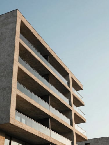 Low-angle golden hour shot of a monolithic concrete and glass residential structure, sharp architectural angles, clean joinery, expansive sky, negative space on the right.