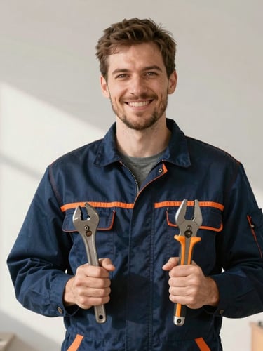 Straight-on medium shot of a craftsman in clean dark blue workwear with orange details, holding professional tools, smiling naturally in bright morning light, clean background.