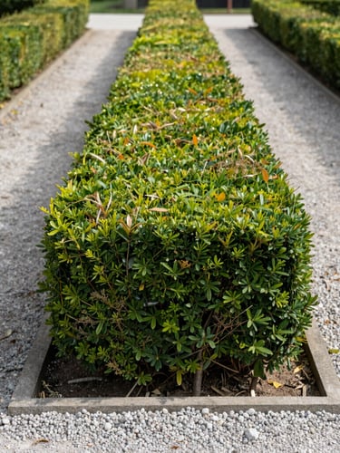 Straight-on shot of a perfectly trimmed hedge line along a clean gravel path, bright morning daylight, symmetrical composition.