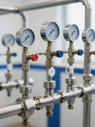Close-up of a stainless steel water purification manifold with pressure gauges and valves, bright clean utility room lighting, sharp industrial focus.