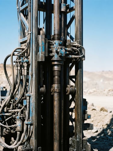 Close-up of a heavy-duty hydraulic borehole drilling rig mast with steel pipes, high-contrast South African sunlight, industrial blue tones, 35mm