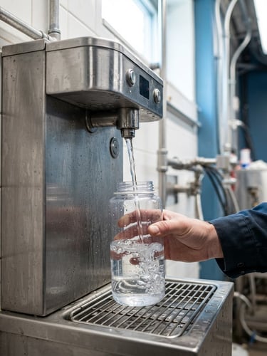Close-up of a stainless steel water filling station, water flowing into a clear bottle, bright utility room lighting, sharp industrial focus, 35mm